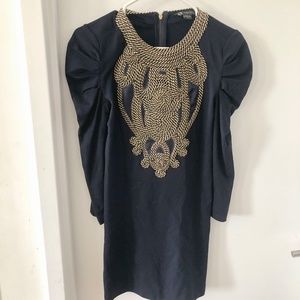 Armani Navy Brocade Intricate Gold Vintage Dress